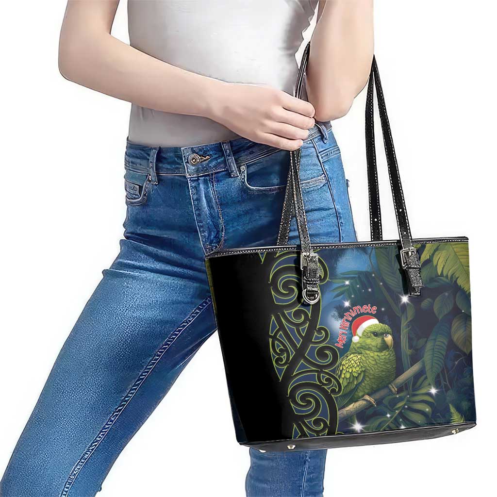 New Zealand Christmas Leather Tote Bag Cute Kakapo Meri Kirihimete Maori Koru