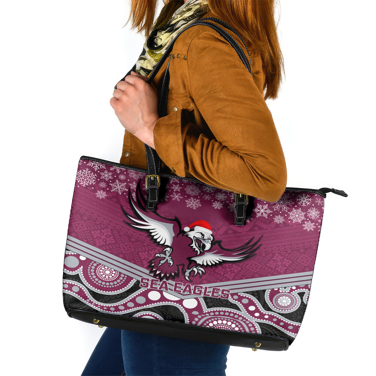 custom-sea-eagles-rugby-christmas-leather-tote-bag-merry-xmas-2023-mix-aboriginal-art