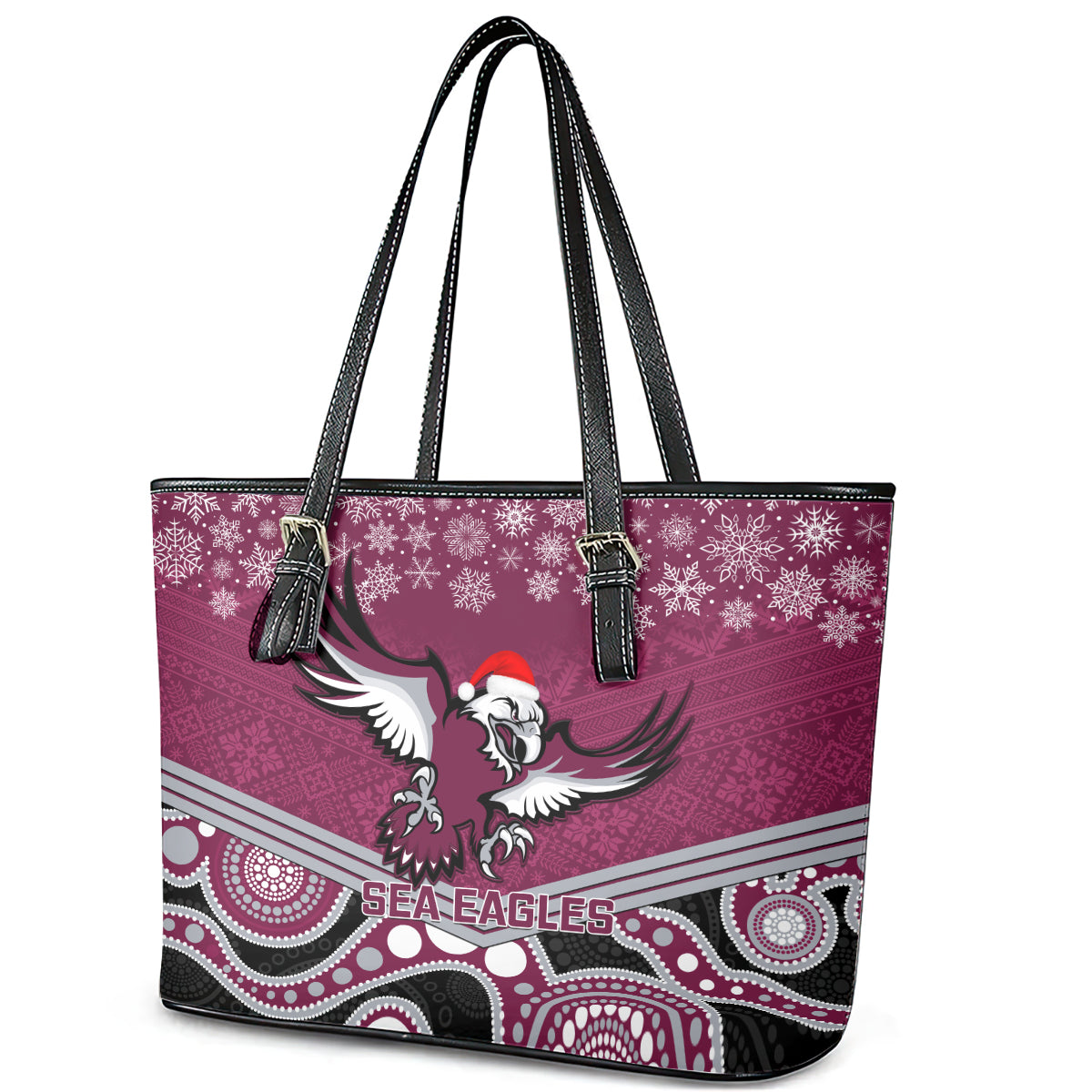 custom-sea-eagles-rugby-christmas-leather-tote-bag-merry-xmas-2023-mix-aboriginal-art