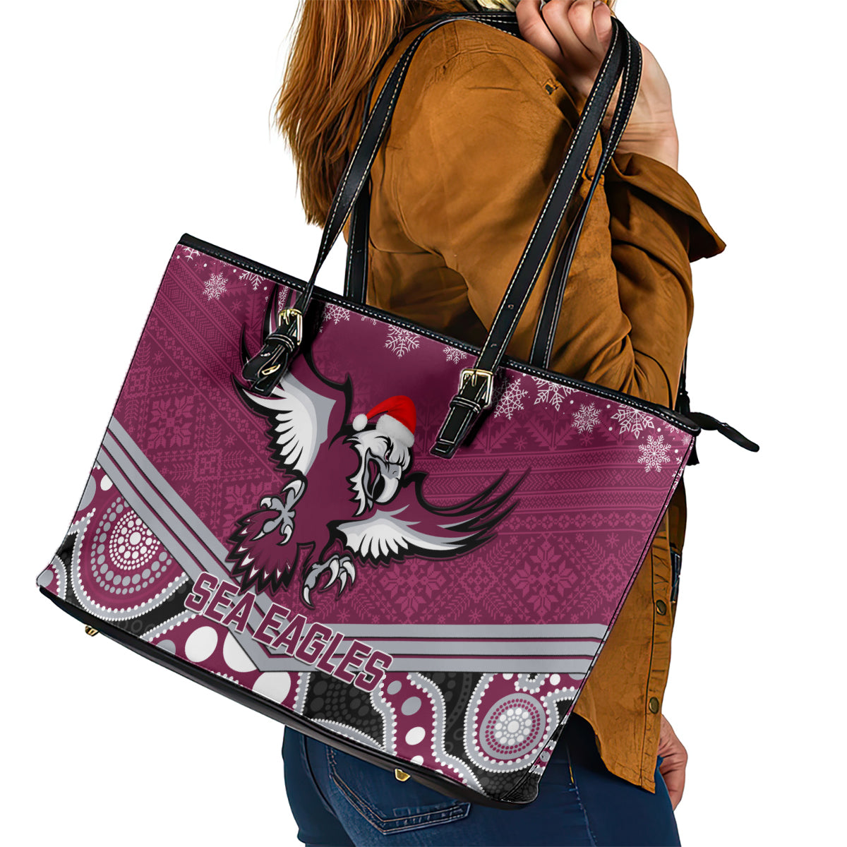 custom-sea-eagles-rugby-christmas-leather-tote-bag-merry-xmas-2023-mix-aboriginal-art