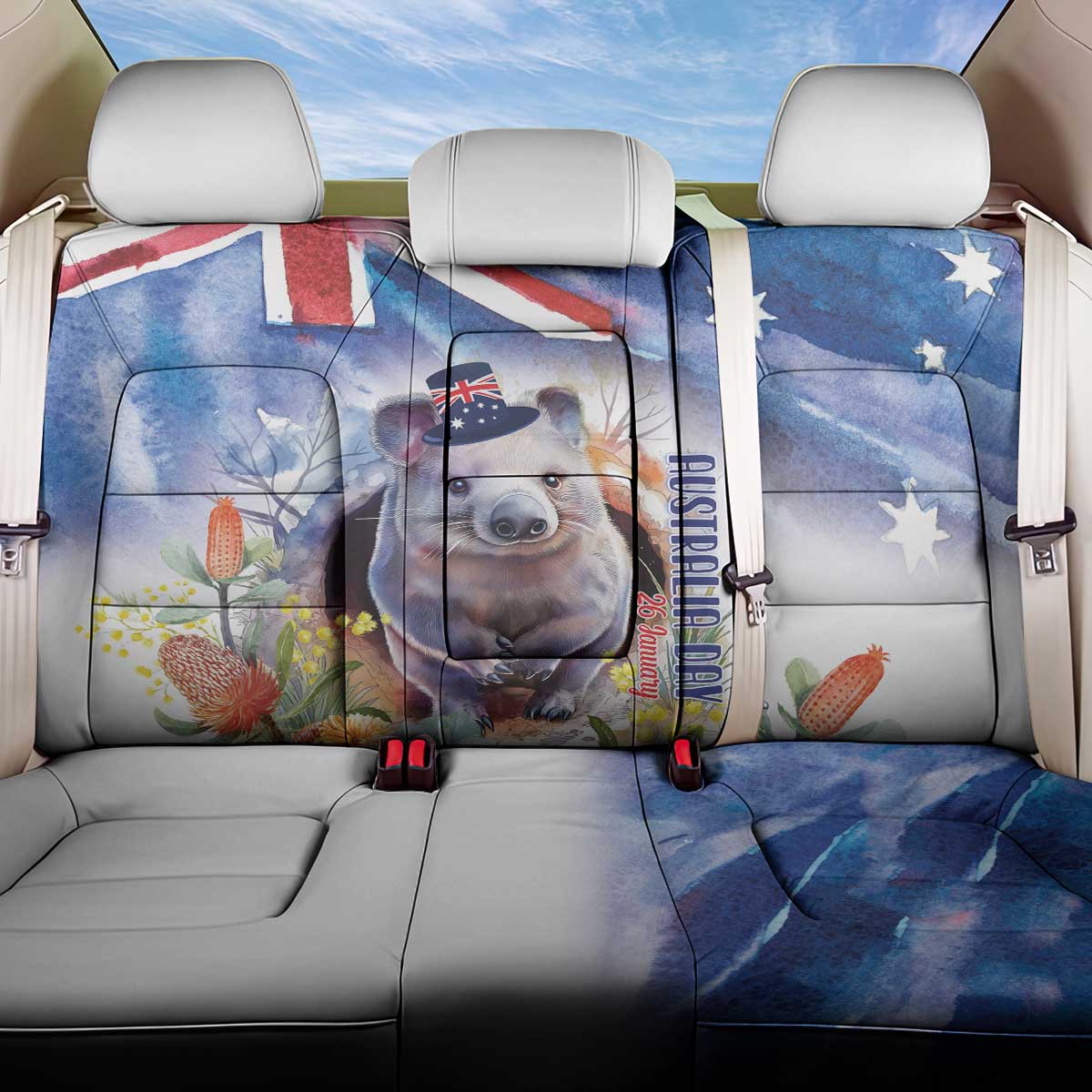 Wombat Australia Day Back Car Seat Cover Happy 26 January - Banksia Watercolor