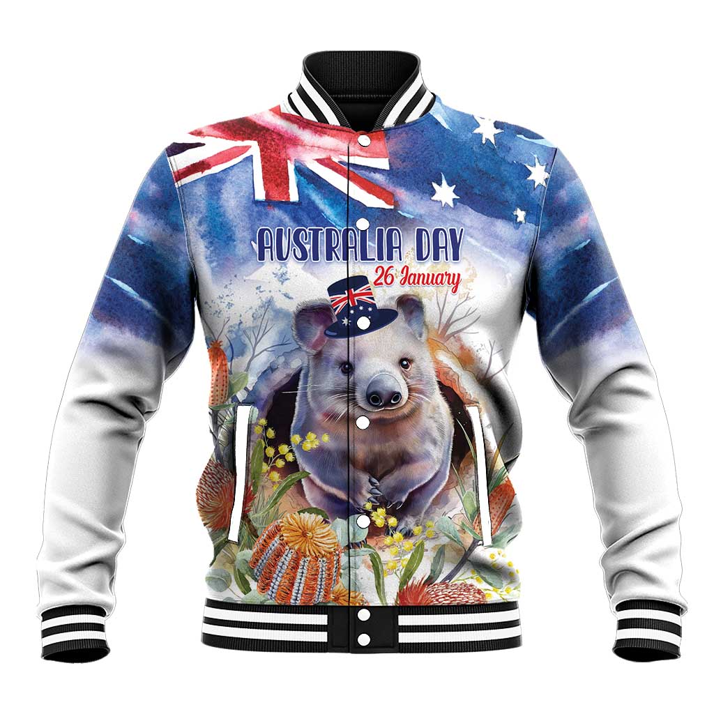 Wombat Australia Day Baseball Jacket Happy 26 January - Banksia Watercolor