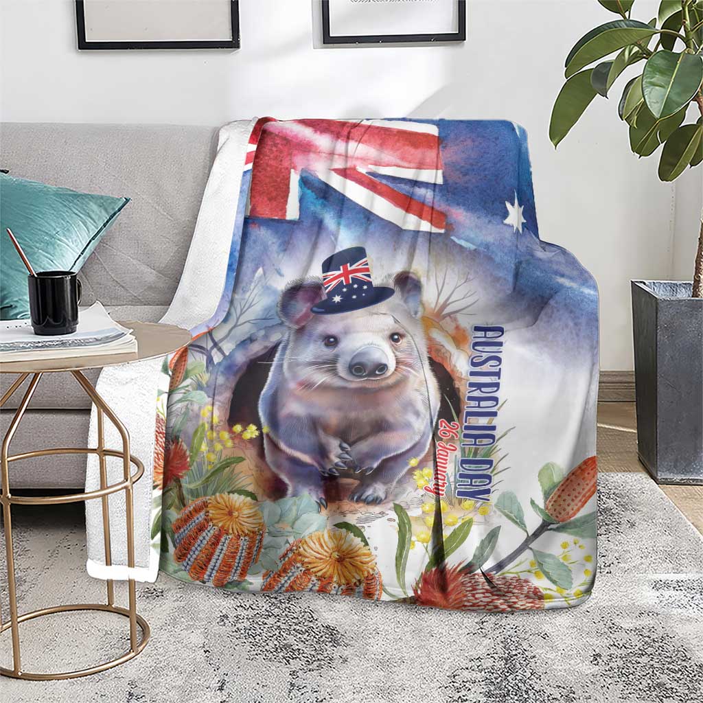 Wombat Australia Day Blanket Happy 26 January - Banksia Watercolor