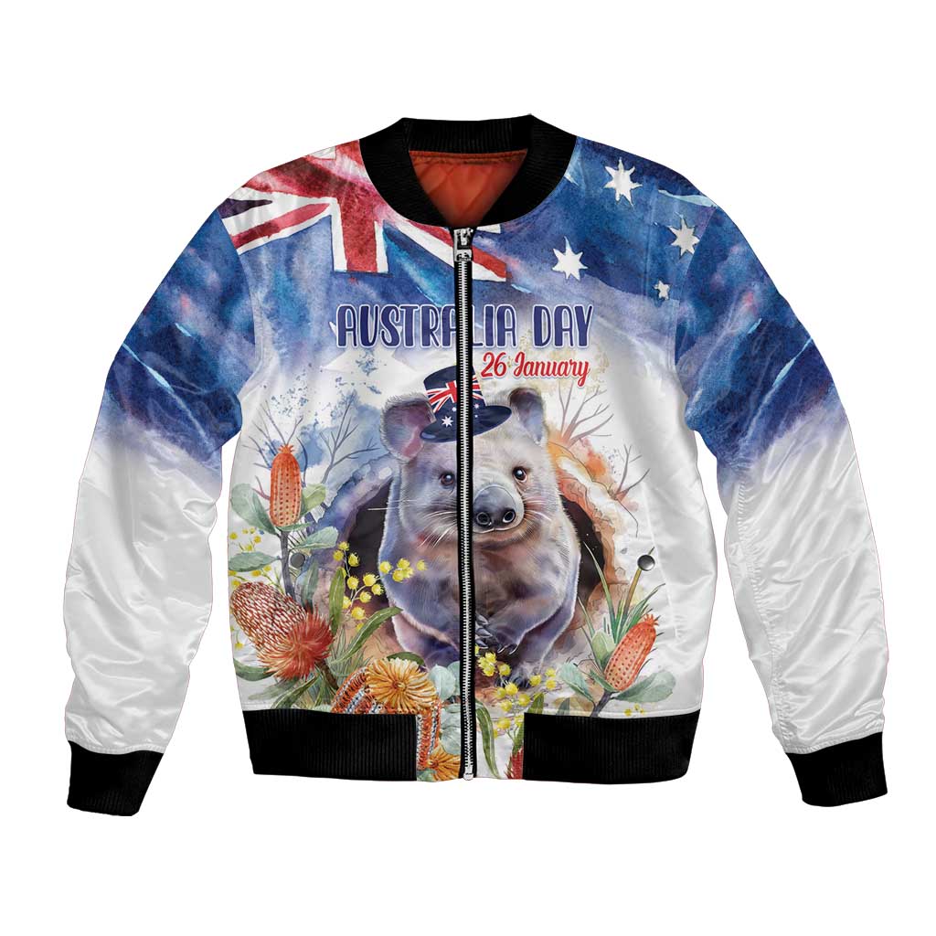 Wombat Australia Day Bomber Jacket Happy 26 January - Banksia Watercolor