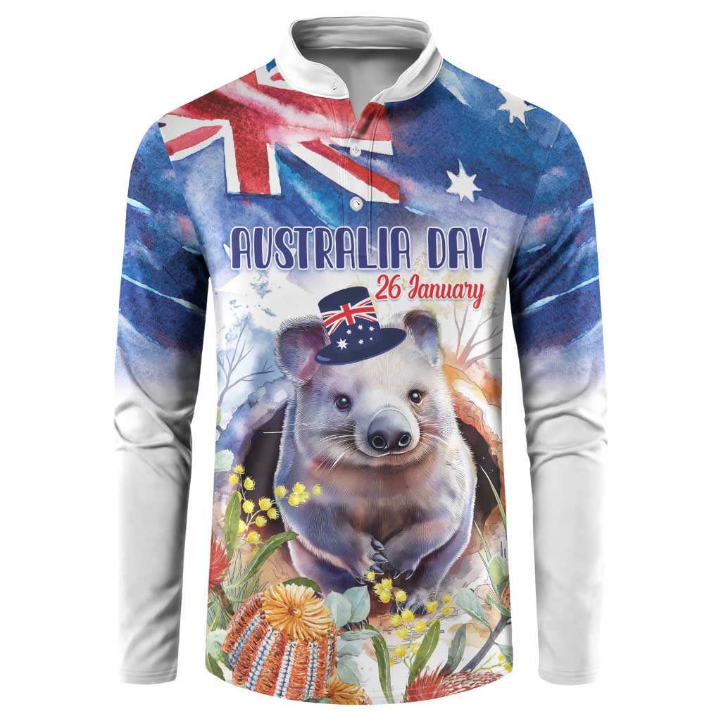 Wombat Australia Day Button Sweatshirt Happy 26 January - Banksia Watercolor