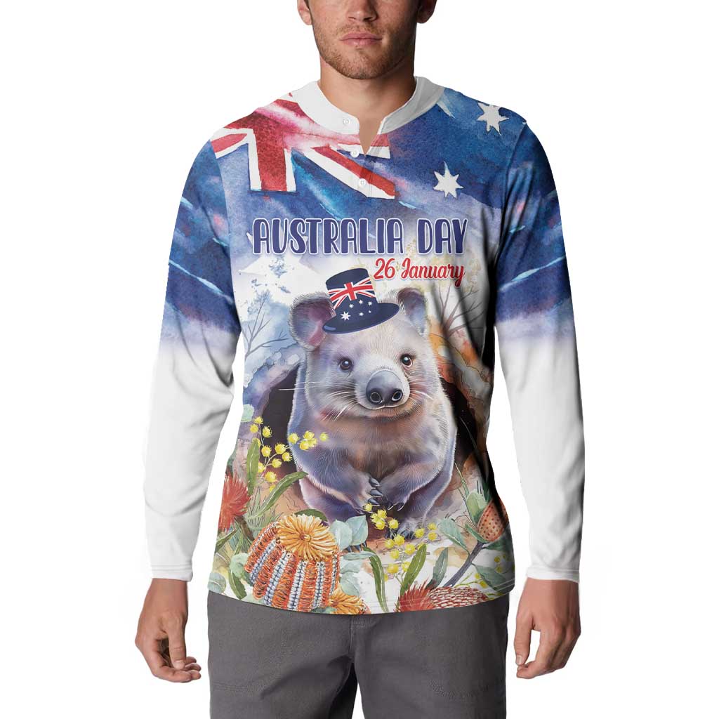 Wombat Australia Day Button Sweatshirt Happy 26 January - Banksia Watercolor