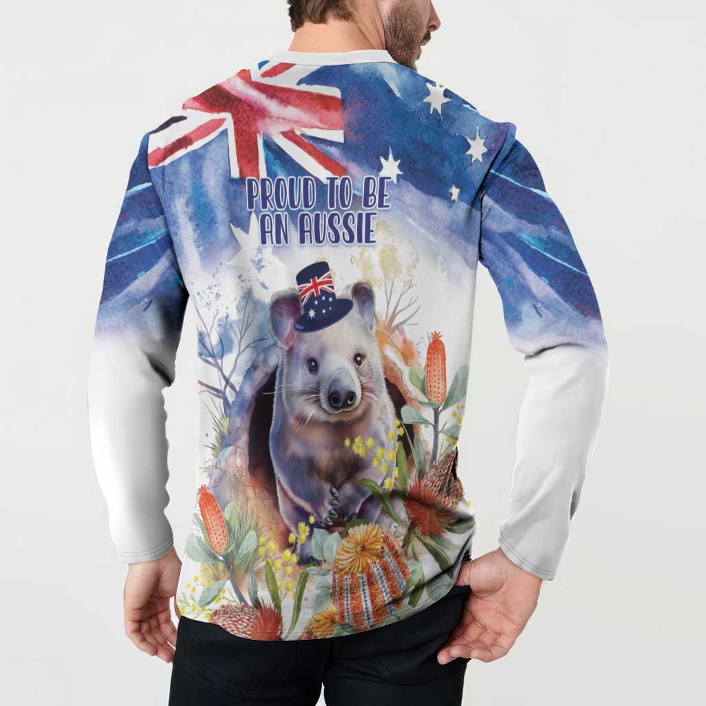 Wombat Australia Day Button Sweatshirt Happy 26 January - Banksia Watercolor