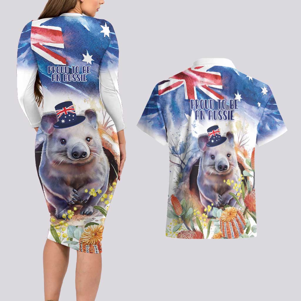 Wombat Australia Day Couples Matching Long Sleeve Bodycon Dress and Hawaiian Shirt Happy 26 January - Banksia Watercolor