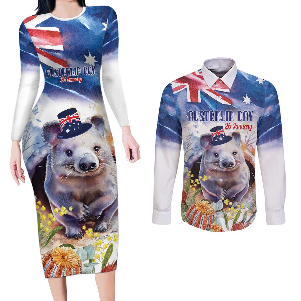 Wombat Australia Day Couples Matching Long Sleeve Bodycon Dress and Long Sleeve Button Shirt Happy 26 January - Banksia Watercolor