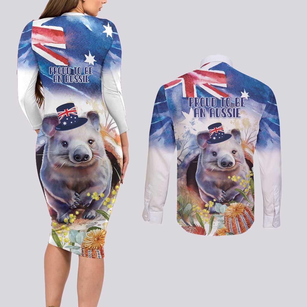 Wombat Australia Day Couples Matching Long Sleeve Bodycon Dress and Long Sleeve Button Shirt Happy 26 January - Banksia Watercolor