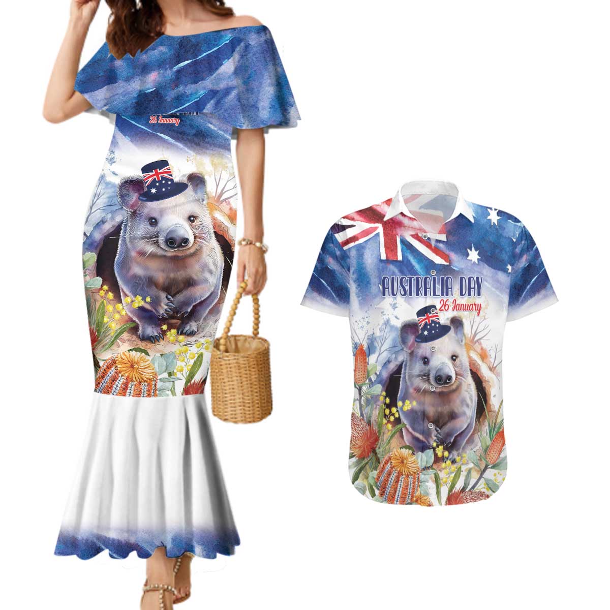 Wombat Australia Day Couples Matching Mermaid Dress and Hawaiian Shirt Happy 26 January - Banksia Watercolor