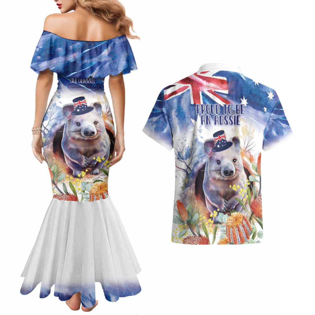 Wombat Australia Day Couples Matching Mermaid Dress and Hawaiian Shirt Happy 26 January - Banksia Watercolor