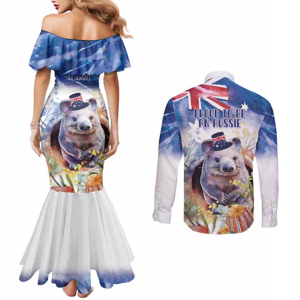 Wombat Australia Day Couples Matching Mermaid Dress and Long Sleeve Button Shirt Happy 26 January - Banksia Watercolor