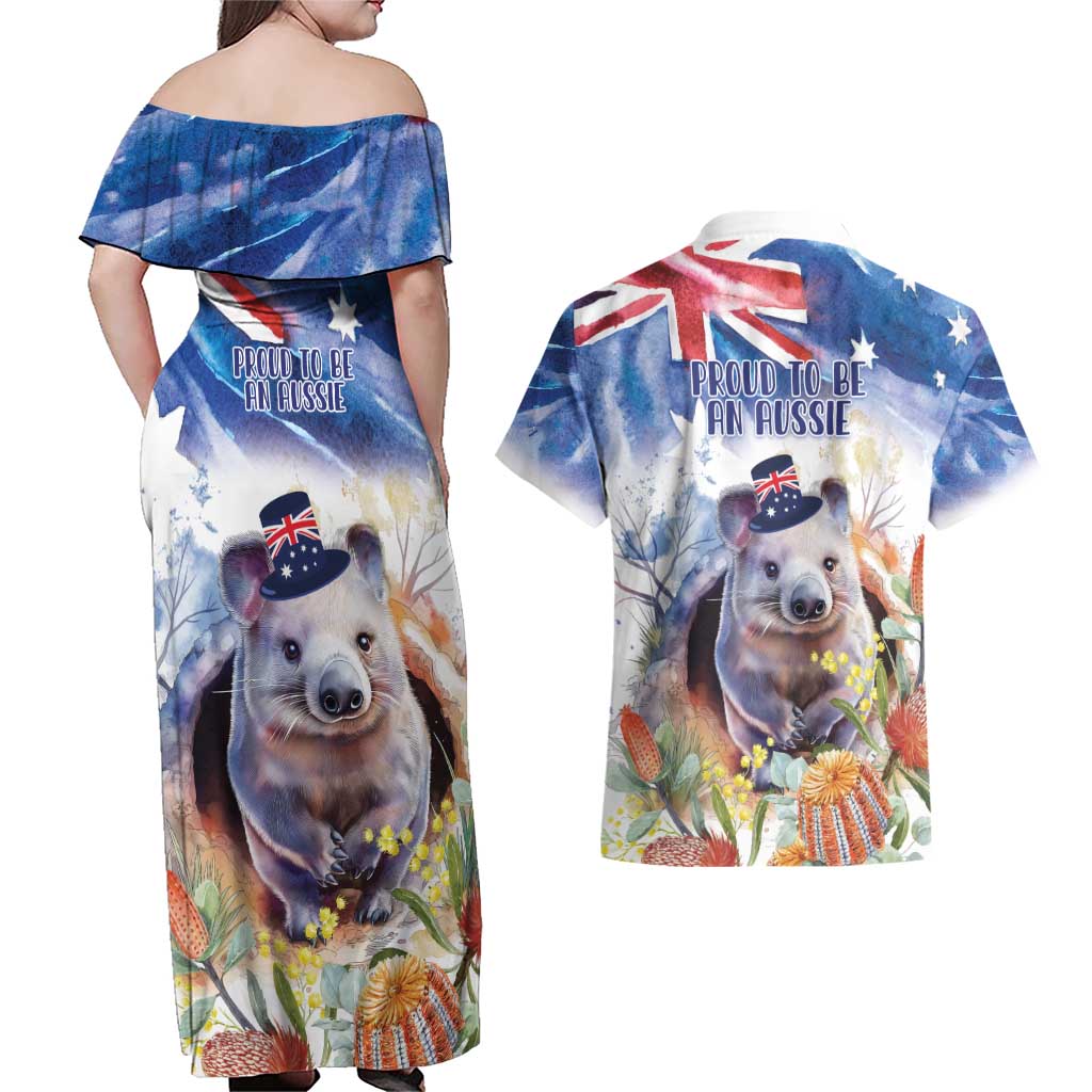 Wombat Australia Day Couples Matching Off Shoulder Maxi Dress and Hawaiian Shirt Happy 26 January - Banksia Watercolor