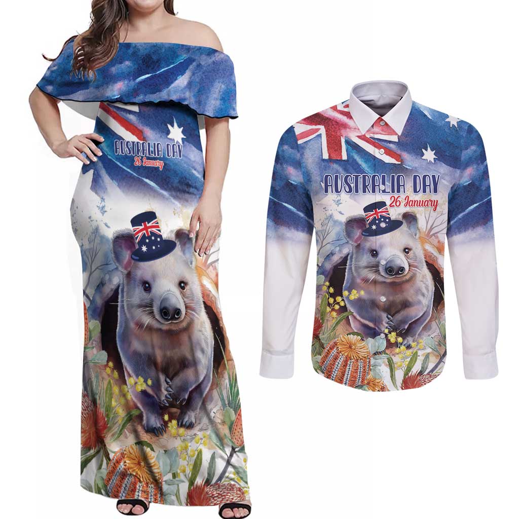 Wombat Australia Day Couples Matching Off Shoulder Maxi Dress and Long Sleeve Button Shirt Happy 26 January - Banksia Watercolor