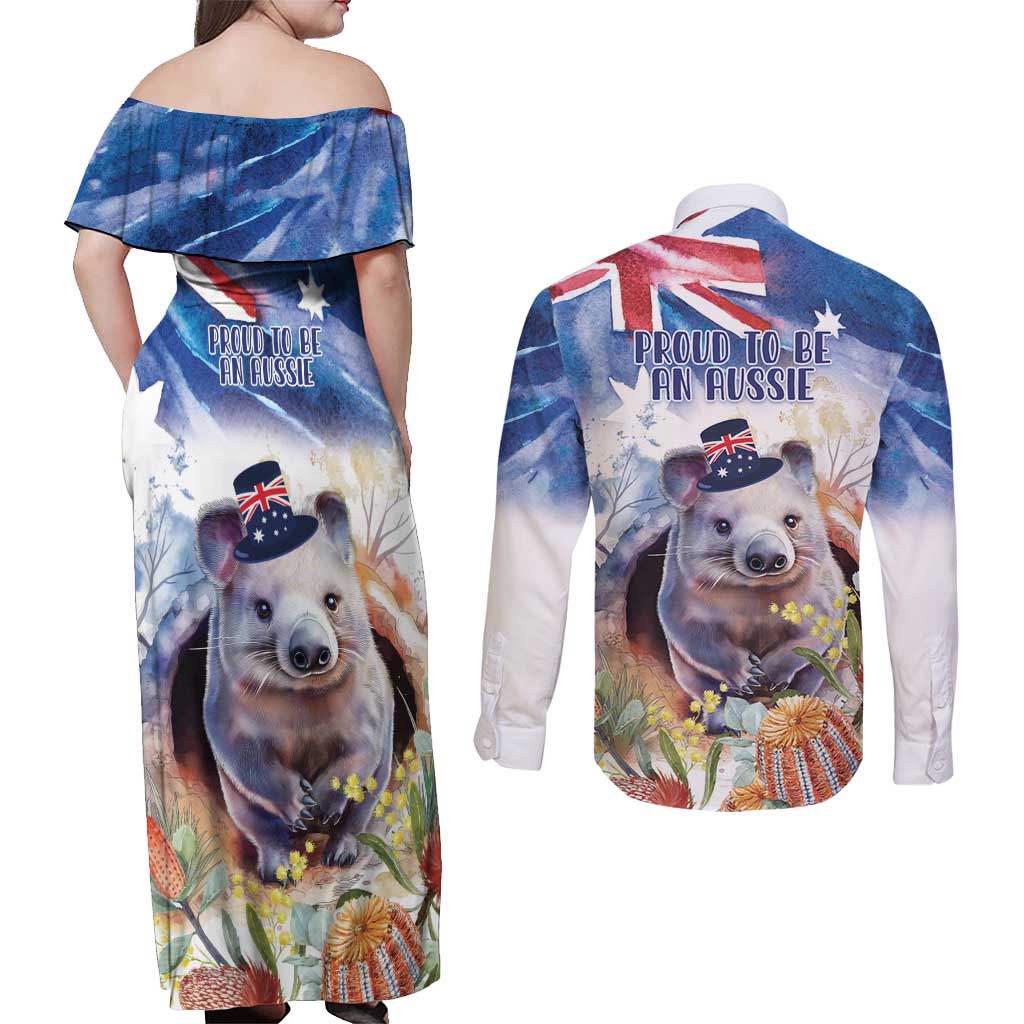 Wombat Australia Day Couples Matching Off Shoulder Maxi Dress and Long Sleeve Button Shirt Happy 26 January - Banksia Watercolor