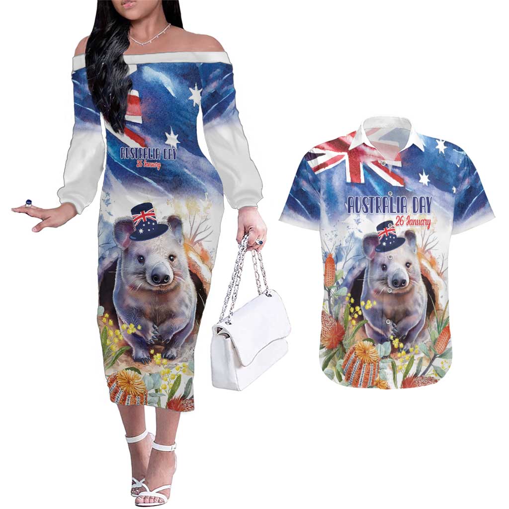 Wombat Australia Day Couples Matching Off The Shoulder Long Sleeve Dress and Hawaiian Shirt Happy 26 January - Banksia Watercolor