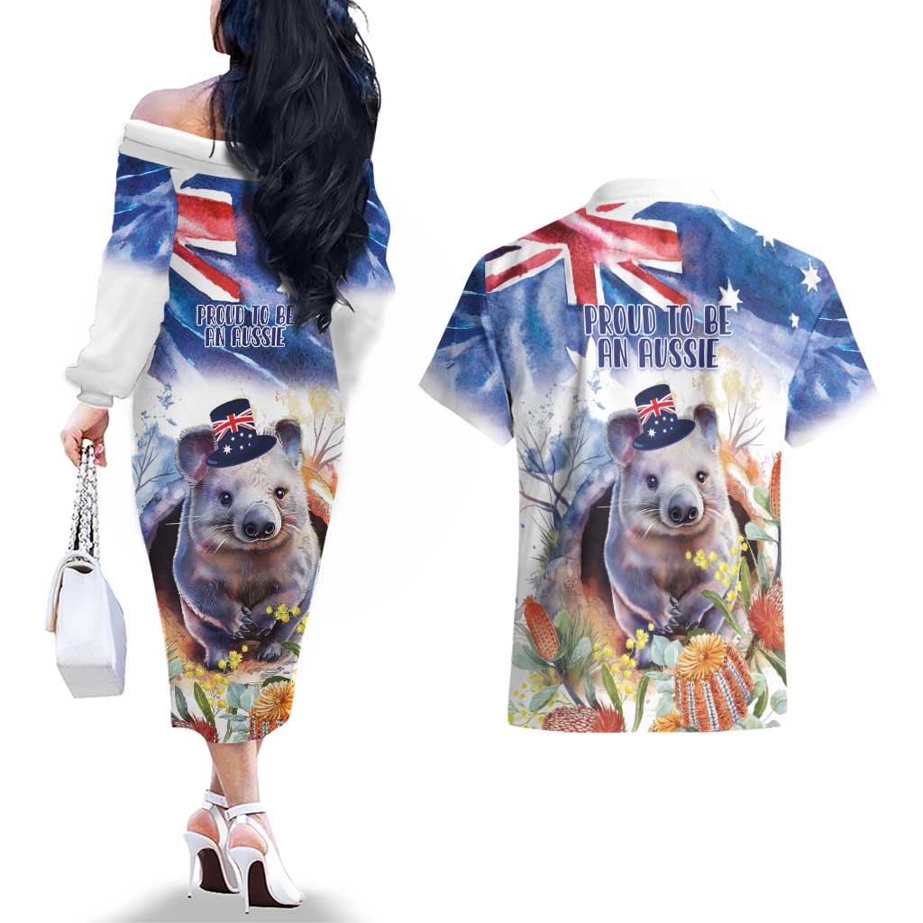 Wombat Australia Day Couples Matching Off The Shoulder Long Sleeve Dress and Hawaiian Shirt Happy 26 January - Banksia Watercolor