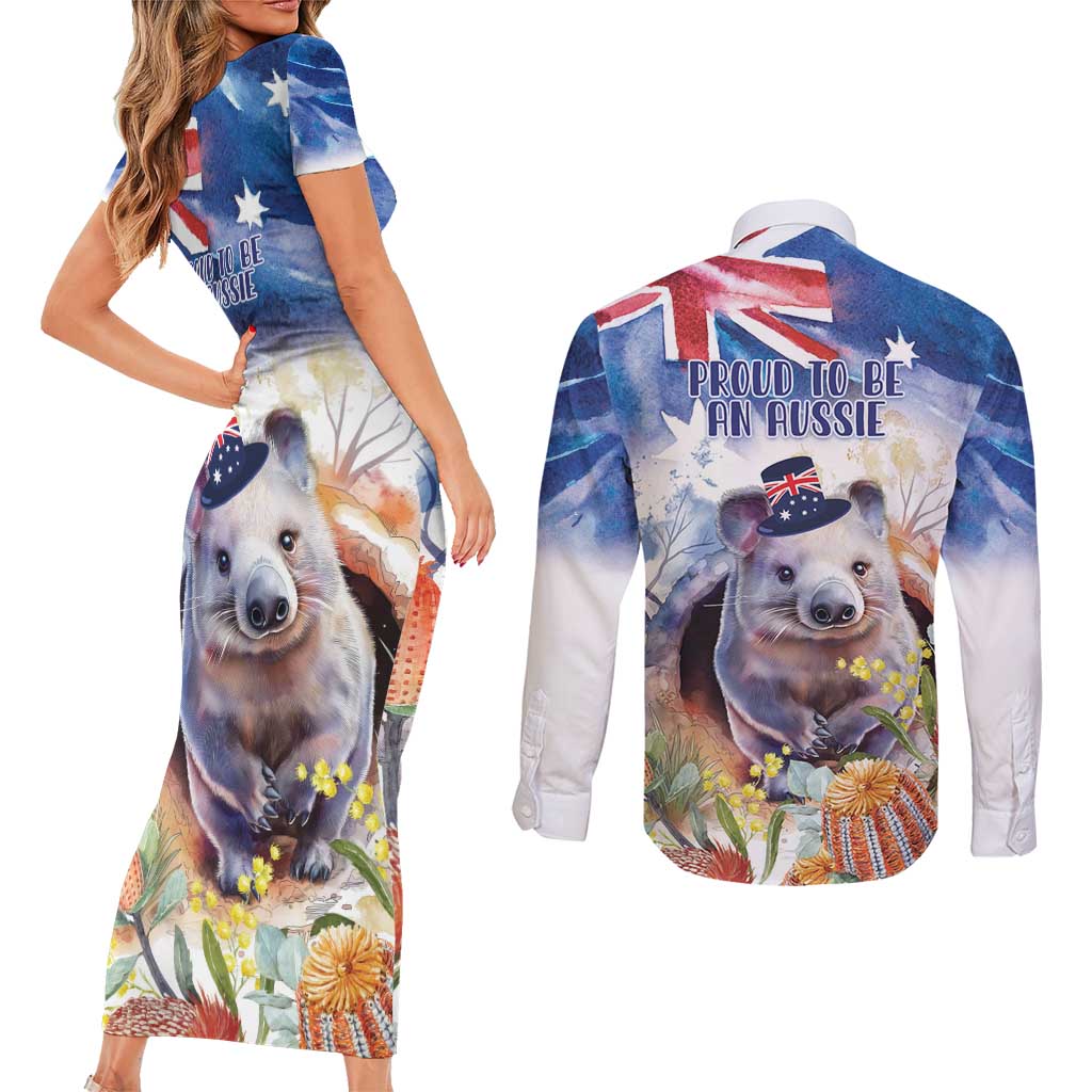 Wombat Australia Day Couples Matching Short Sleeve Bodycon Dress and Long Sleeve Button Shirt Happy 26 January - Banksia Watercolor