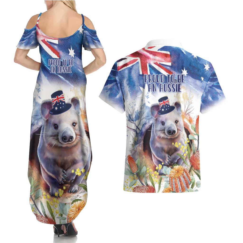 Wombat Australia Day Couples Matching Summer Maxi Dress and Hawaiian Shirt Happy 26 January - Banksia Watercolor