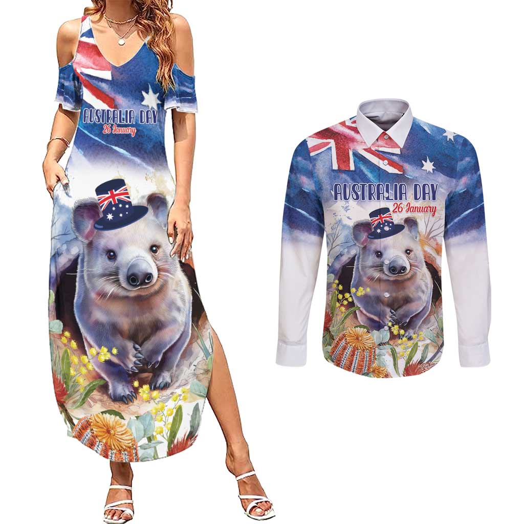 Wombat Australia Day Couples Matching Summer Maxi Dress and Long Sleeve Button Shirt Happy 26 January - Banksia Watercolor