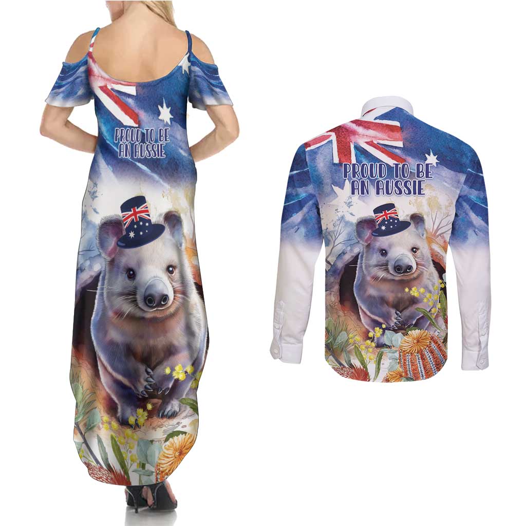 Wombat Australia Day Couples Matching Summer Maxi Dress and Long Sleeve Button Shirt Happy 26 January - Banksia Watercolor