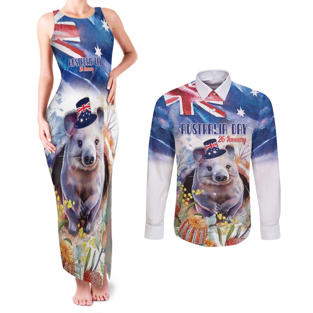 Wombat Australia Day Couples Matching Tank Maxi Dress and Long Sleeve Button Shirt Happy 26 January - Banksia Watercolor