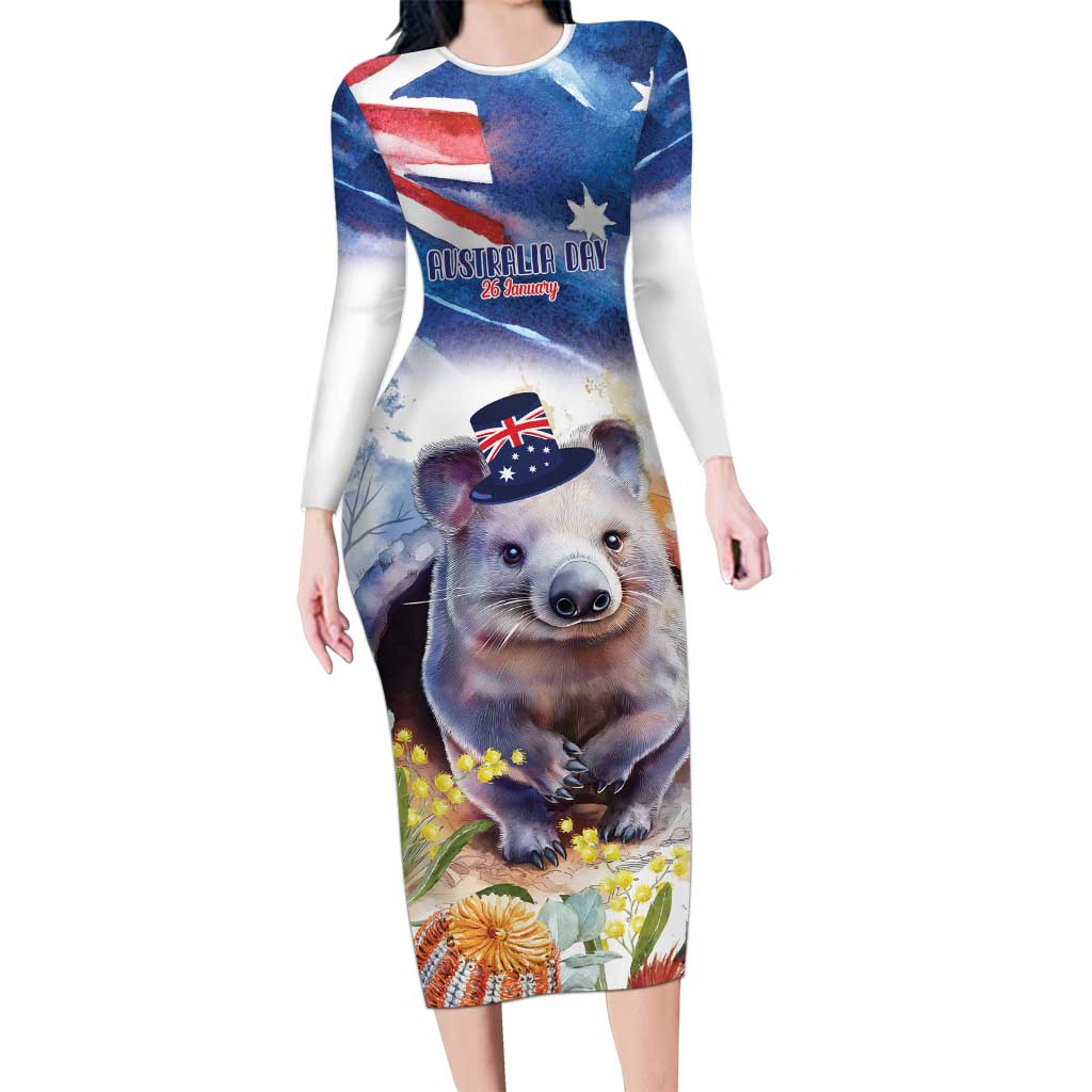 Wombat Australia Day Family Matching Long Sleeve Bodycon Dress and Hawaiian Shirt Happy 26 January - Banksia Watercolor