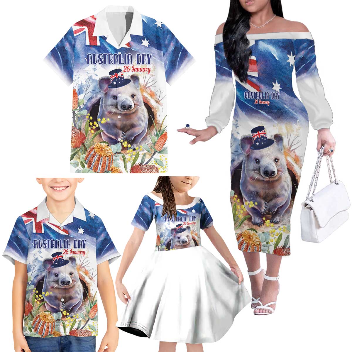 Wombat Australia Day Family Matching Off The Shoulder Long Sleeve Dress and Hawaiian Shirt Happy 26 January - Banksia Watercolor