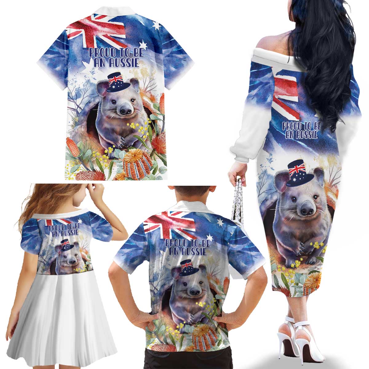 Wombat Australia Day Family Matching Off The Shoulder Long Sleeve Dress and Hawaiian Shirt Happy 26 January - Banksia Watercolor