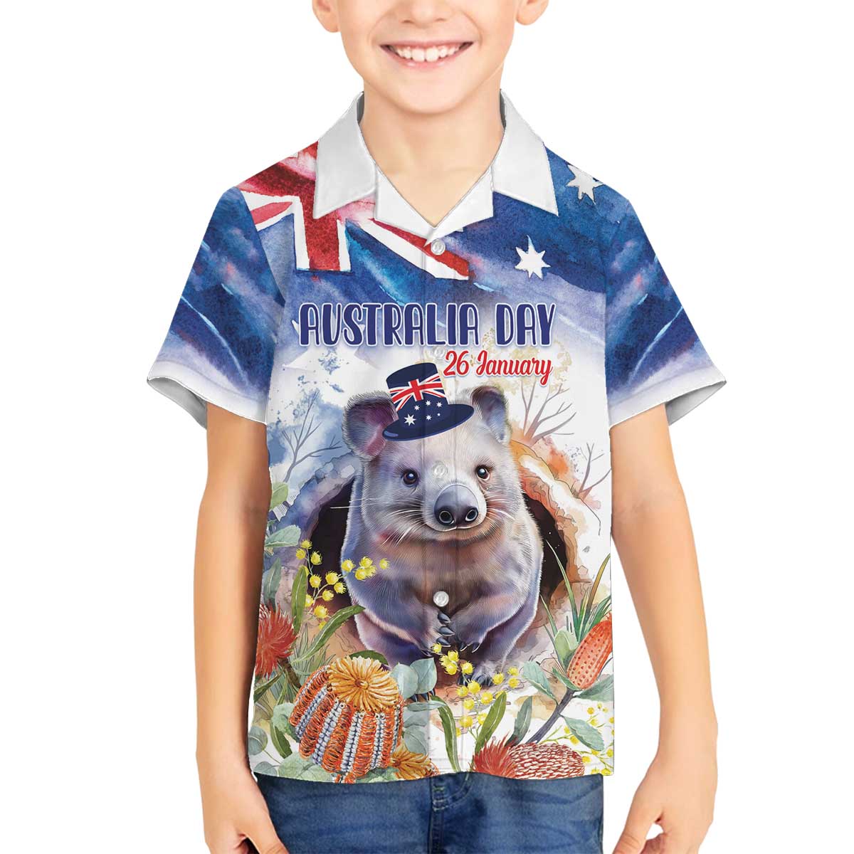 Wombat Australia Day Family Matching Off The Shoulder Long Sleeve Dress and Hawaiian Shirt Happy 26 January - Banksia Watercolor