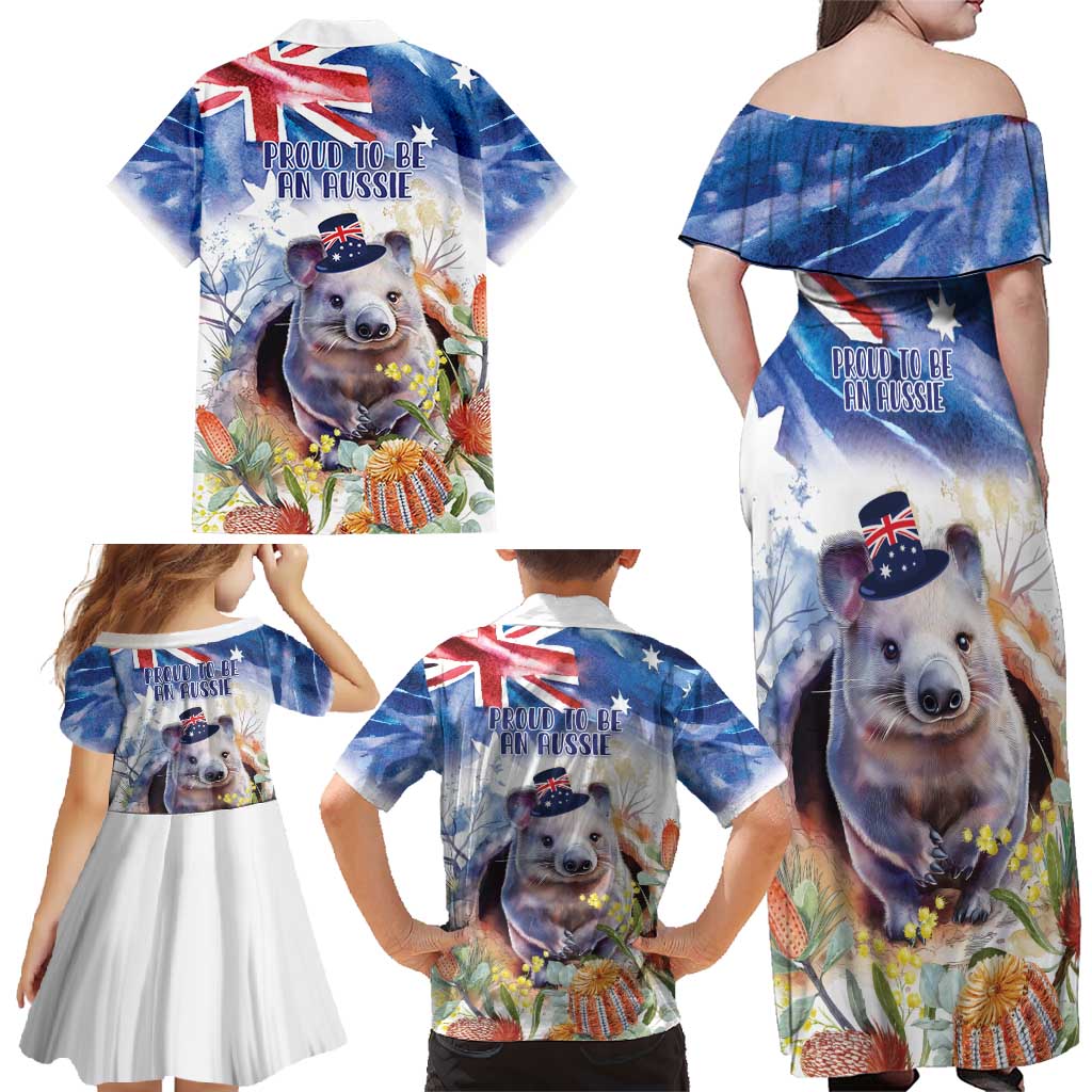 Wombat Australia Day Family Matching Off Shoulder Maxi Dress and Hawaiian Shirt Happy 26 January - Banksia Watercolor