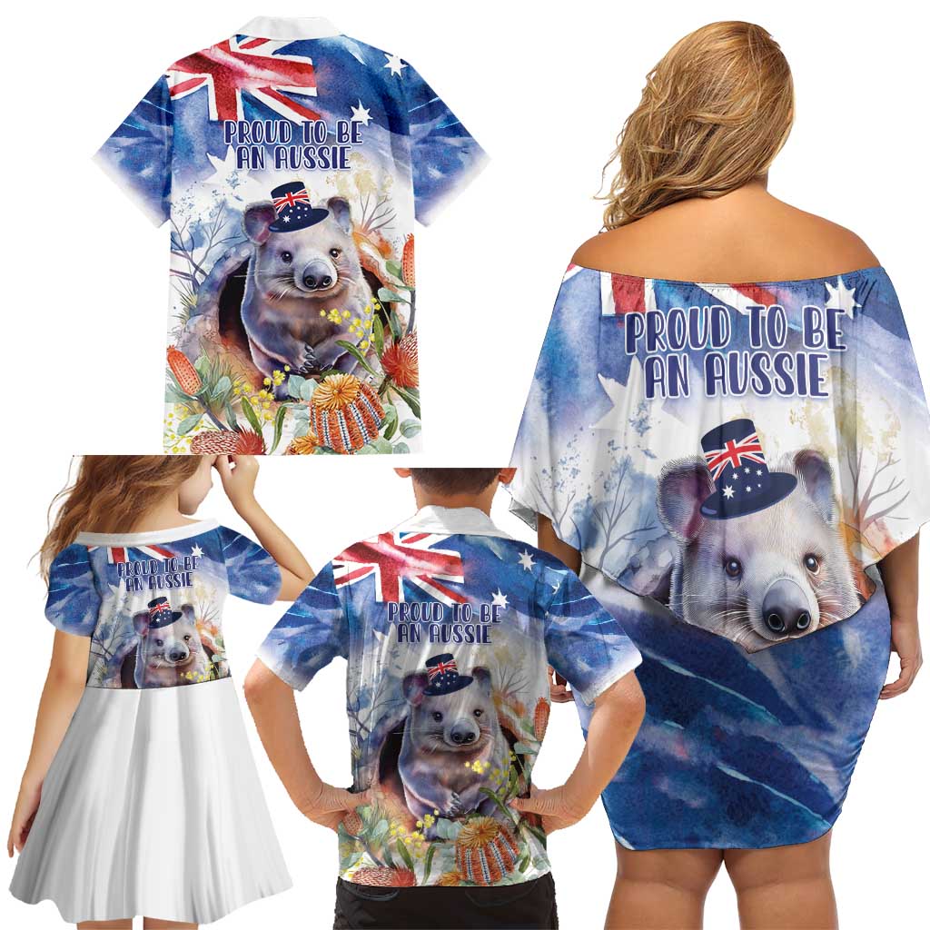 Wombat Australia Day Family Matching Off Shoulder Short Dress and Hawaiian Shirt Happy 26 January - Banksia Watercolor