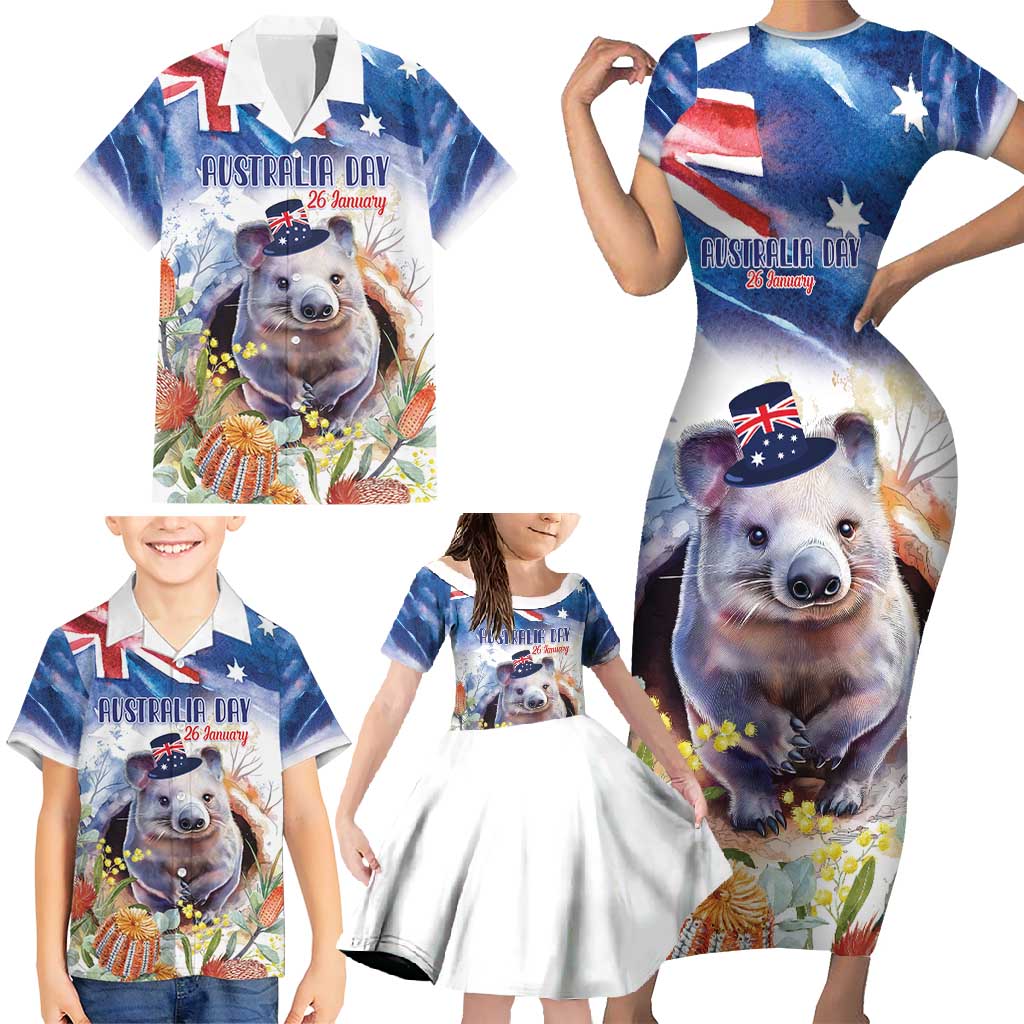 Wombat Australia Day Family Matching Short Sleeve Bodycon Dress and Hawaiian Shirt Happy 26 January - Banksia Watercolor