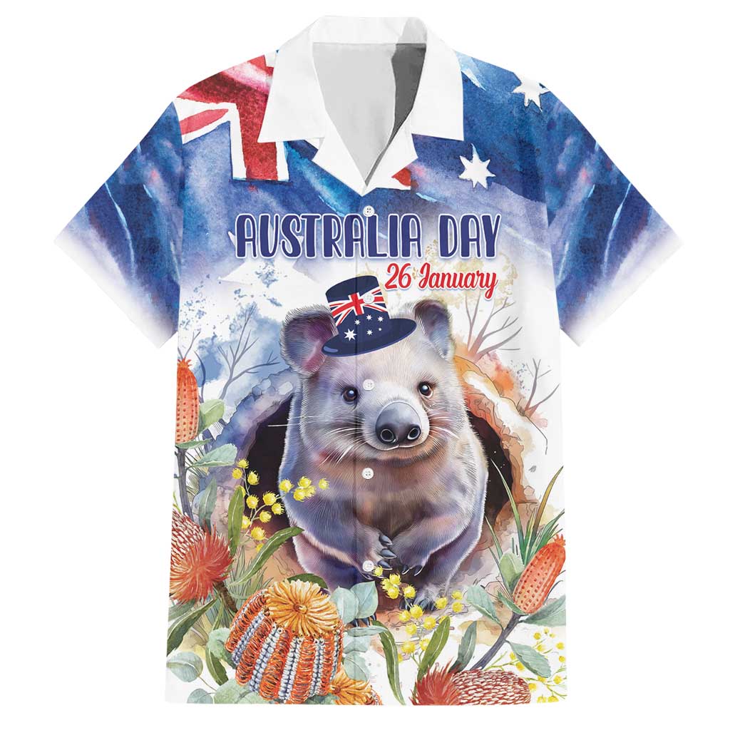 Wombat Australia Day Hawaiian Shirt Happy 26 January - Banksia Watercolor