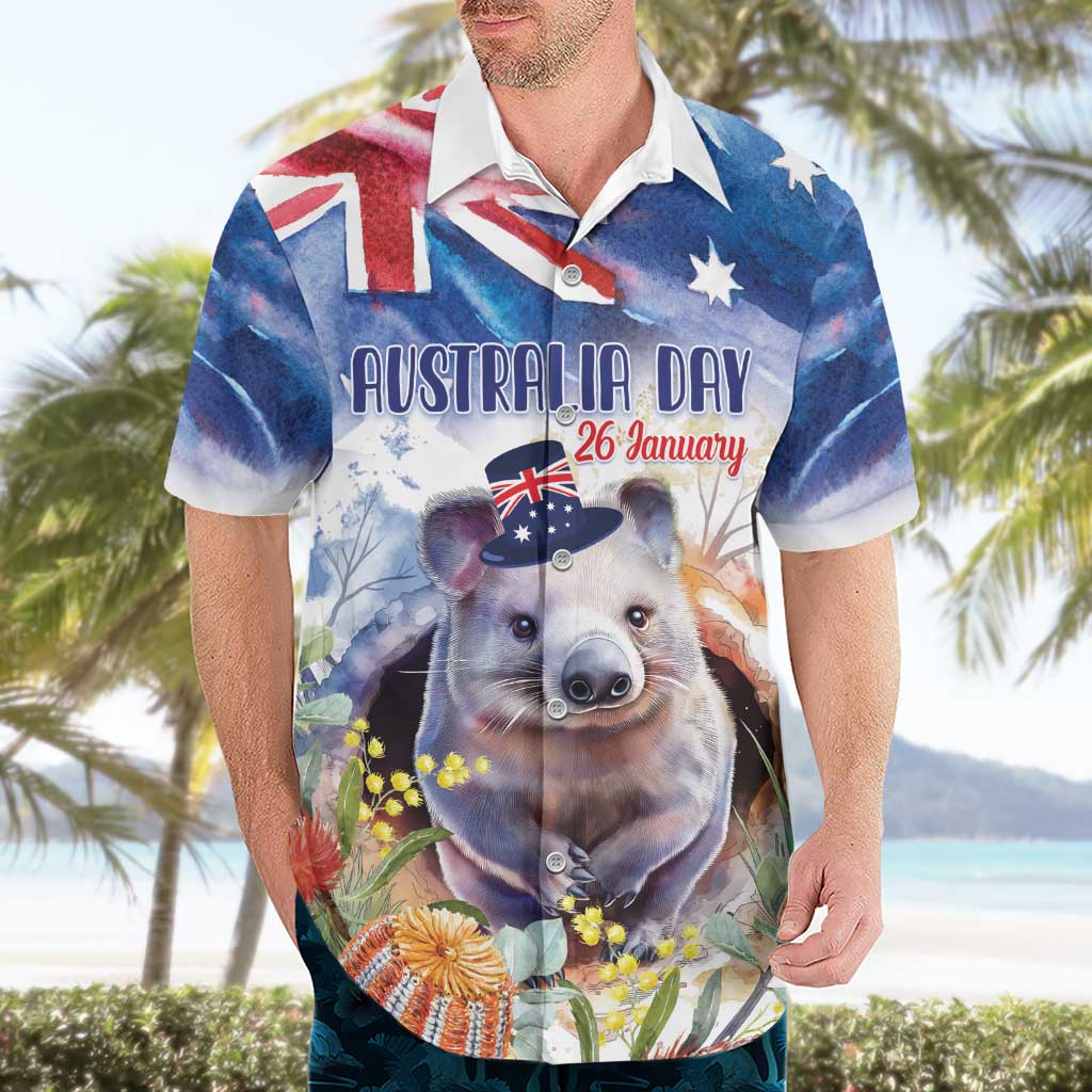 Wombat Australia Day Hawaiian Shirt Happy 26 January - Banksia Watercolor