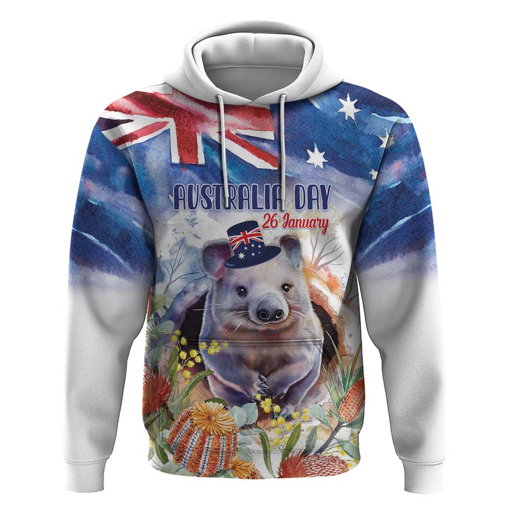 Wombat Australia Day Hoodie Happy 26 January - Banksia Watercolor