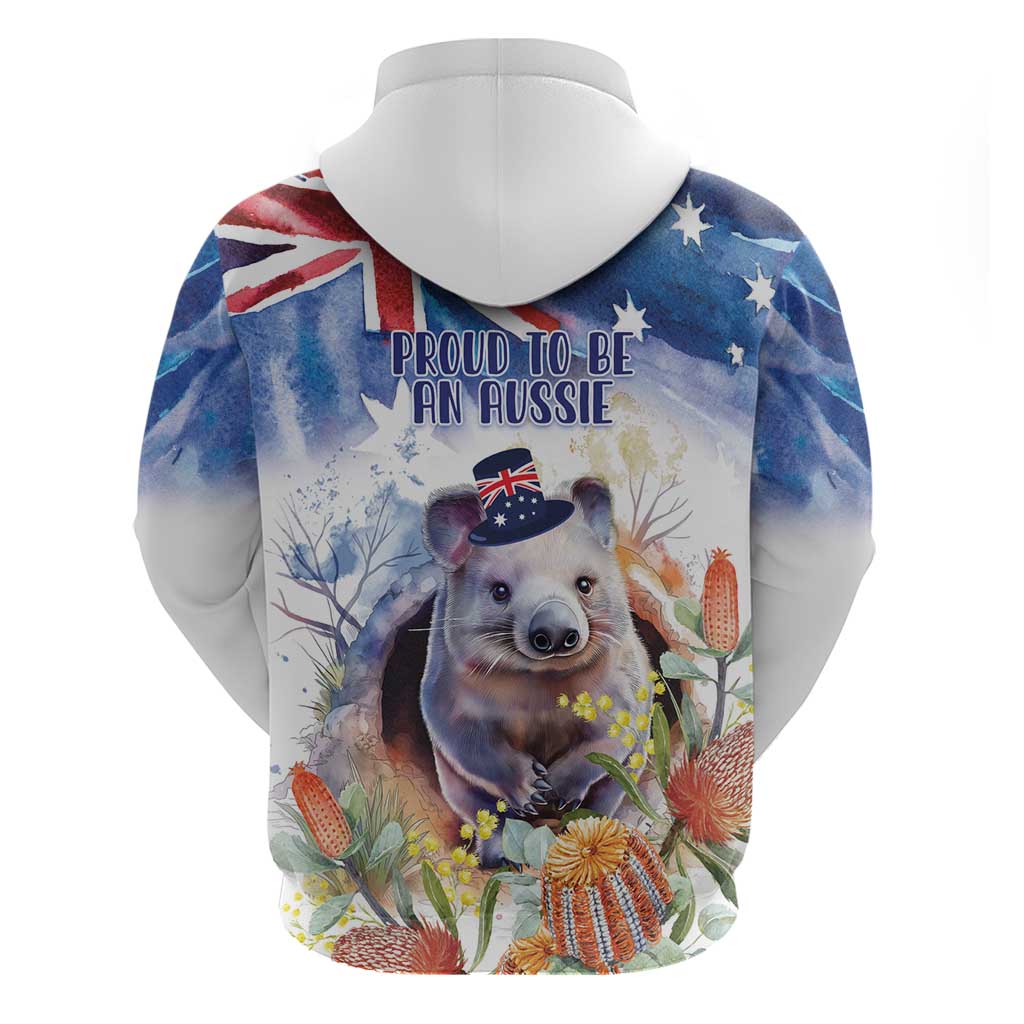 Wombat Australia Day Hoodie Happy 26 January - Banksia Watercolor