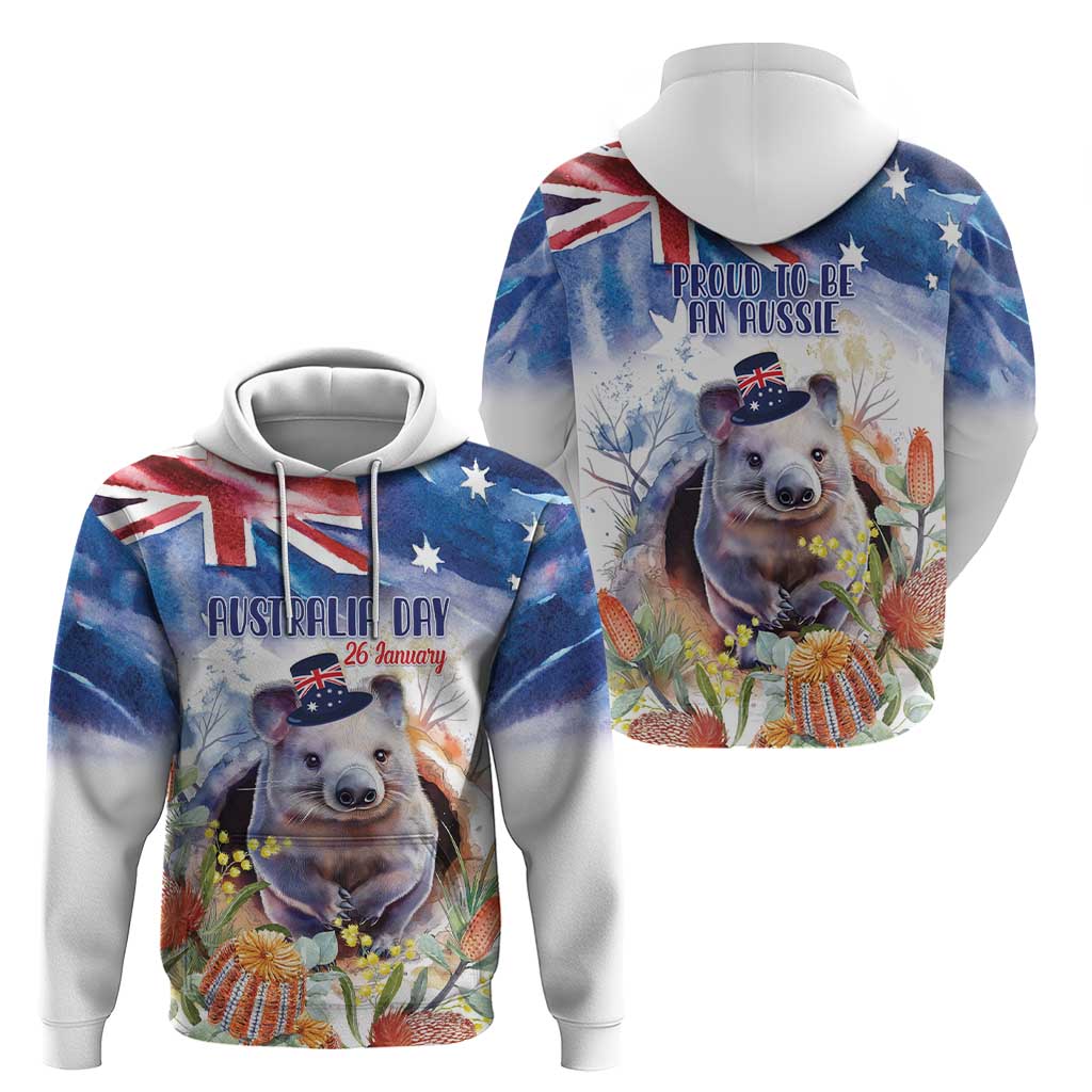 Wombat Australia Day Hoodie Happy 26 January - Banksia Watercolor