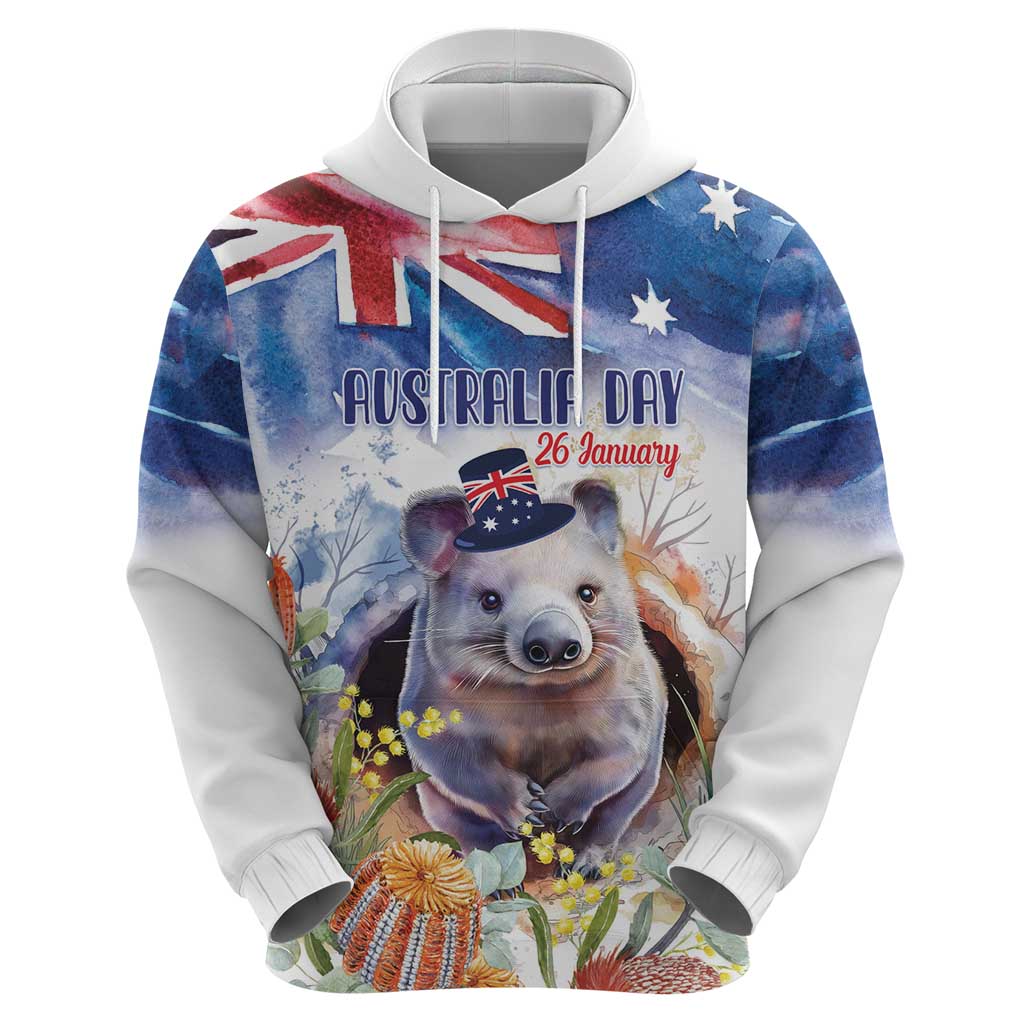 Wombat Australia Day Hoodie Happy 26 January - Banksia Watercolor