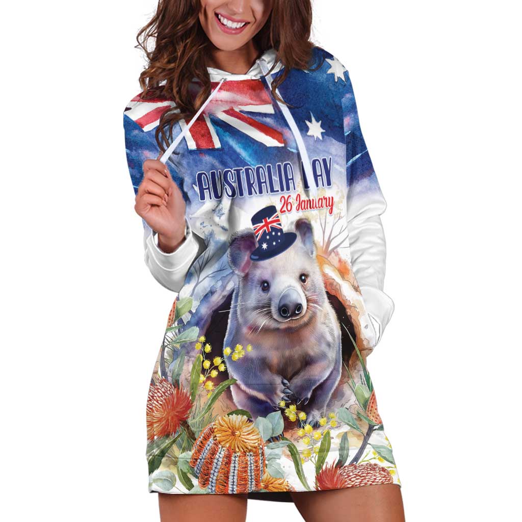 Wombat Australia Day Hoodie Dress Happy 26 January - Banksia Watercolor