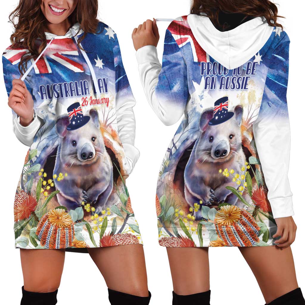 Wombat Australia Day Hoodie Dress Happy 26 January - Banksia Watercolor