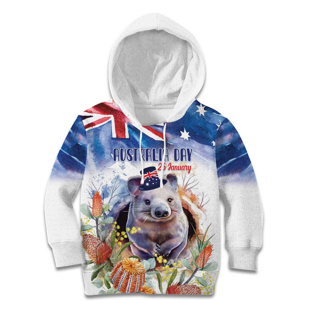 Wombat Australia Day Kid Hoodie Happy 26 January - Banksia Watercolor