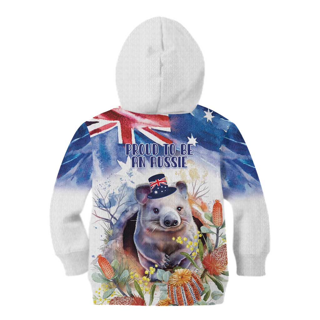 Wombat Australia Day Kid Hoodie Happy 26 January - Banksia Watercolor