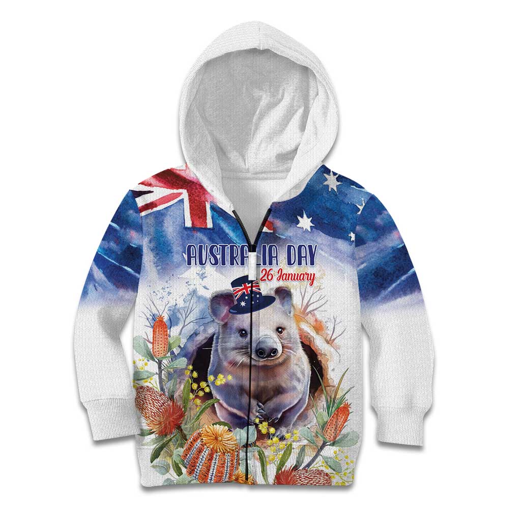 Wombat Australia Day Kid Hoodie Happy 26 January - Banksia Watercolor