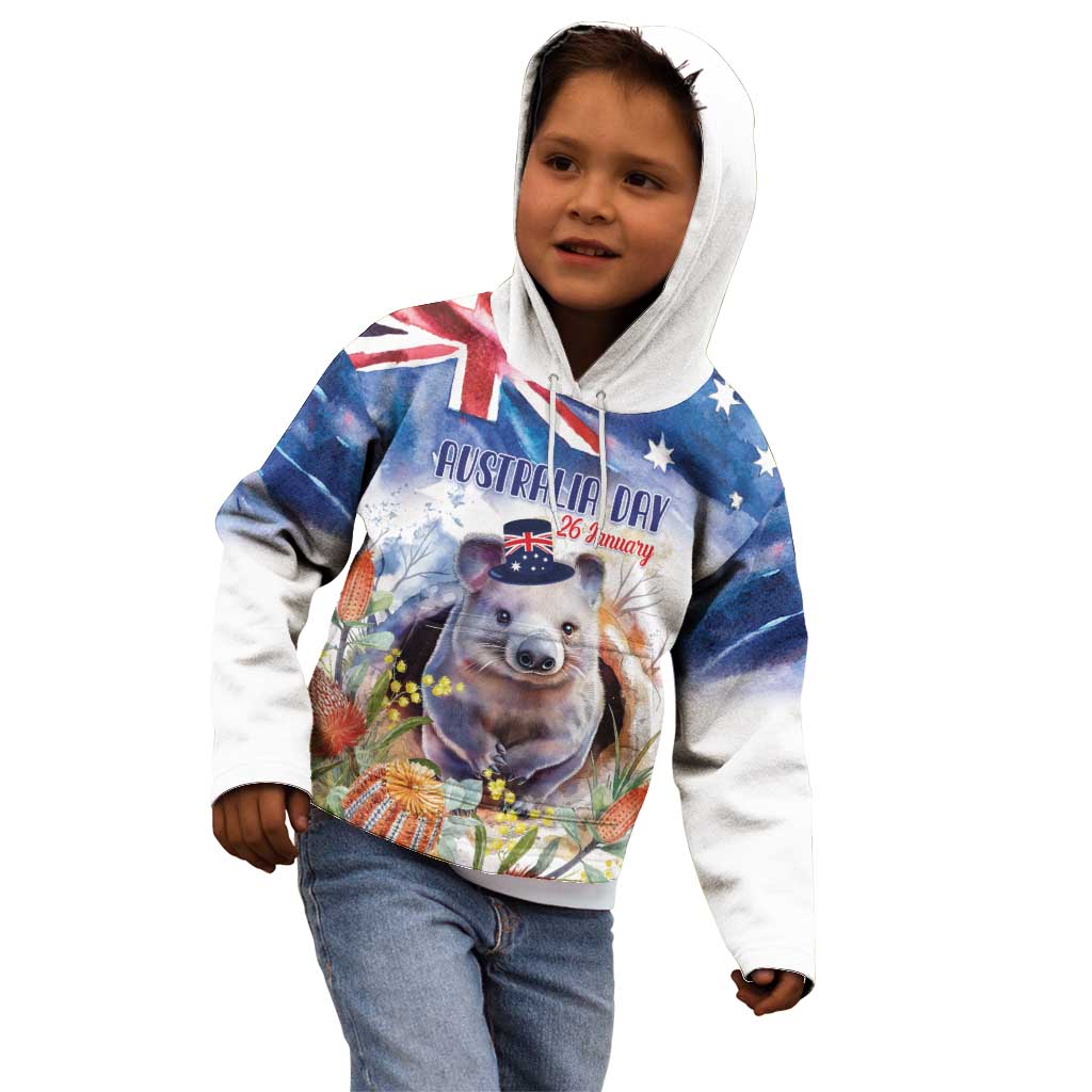 Wombat Australia Day Kid Hoodie Happy 26 January - Banksia Watercolor