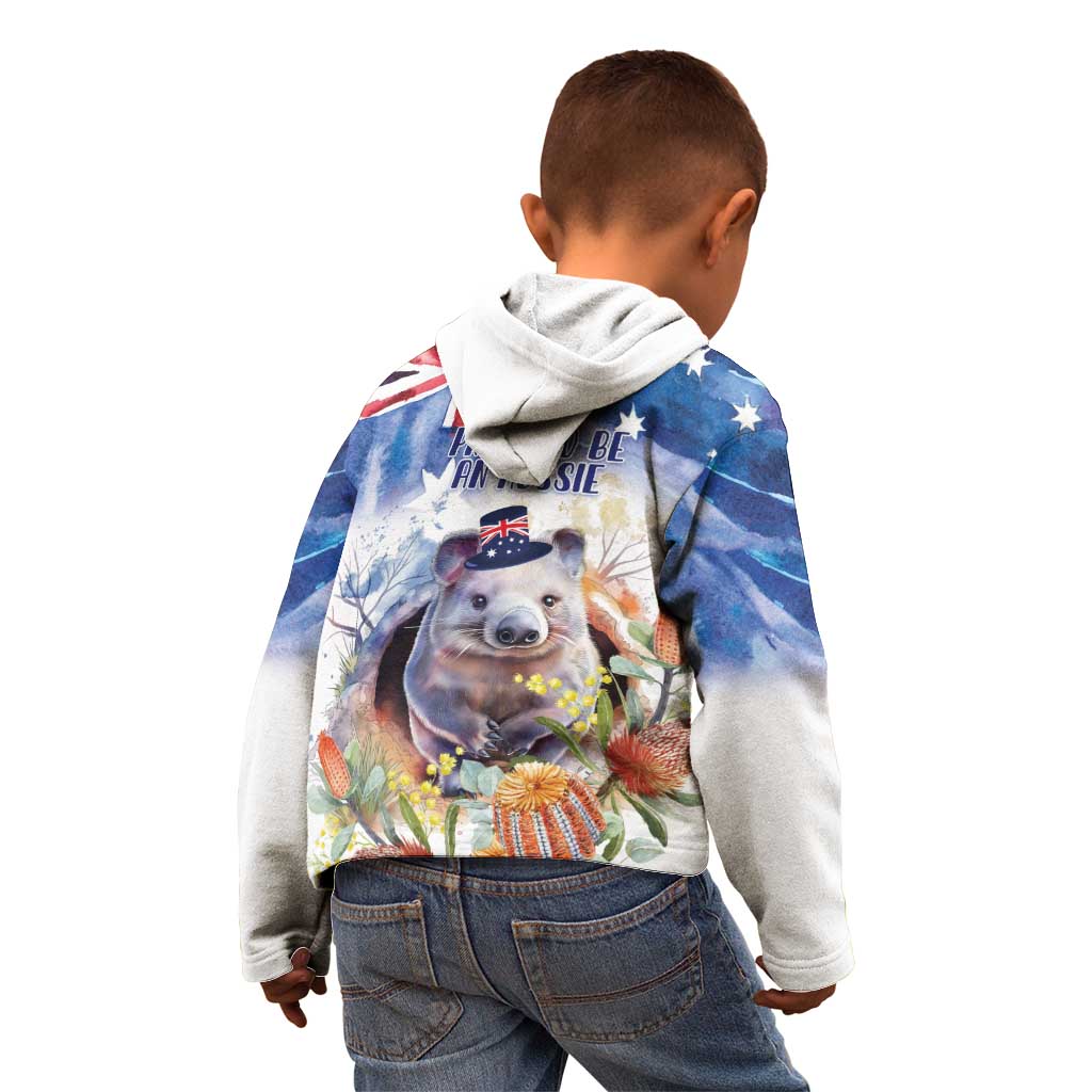 Wombat Australia Day Kid Hoodie Happy 26 January - Banksia Watercolor