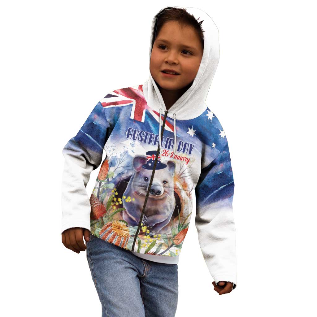 Wombat Australia Day Kid Hoodie Happy 26 January - Banksia Watercolor