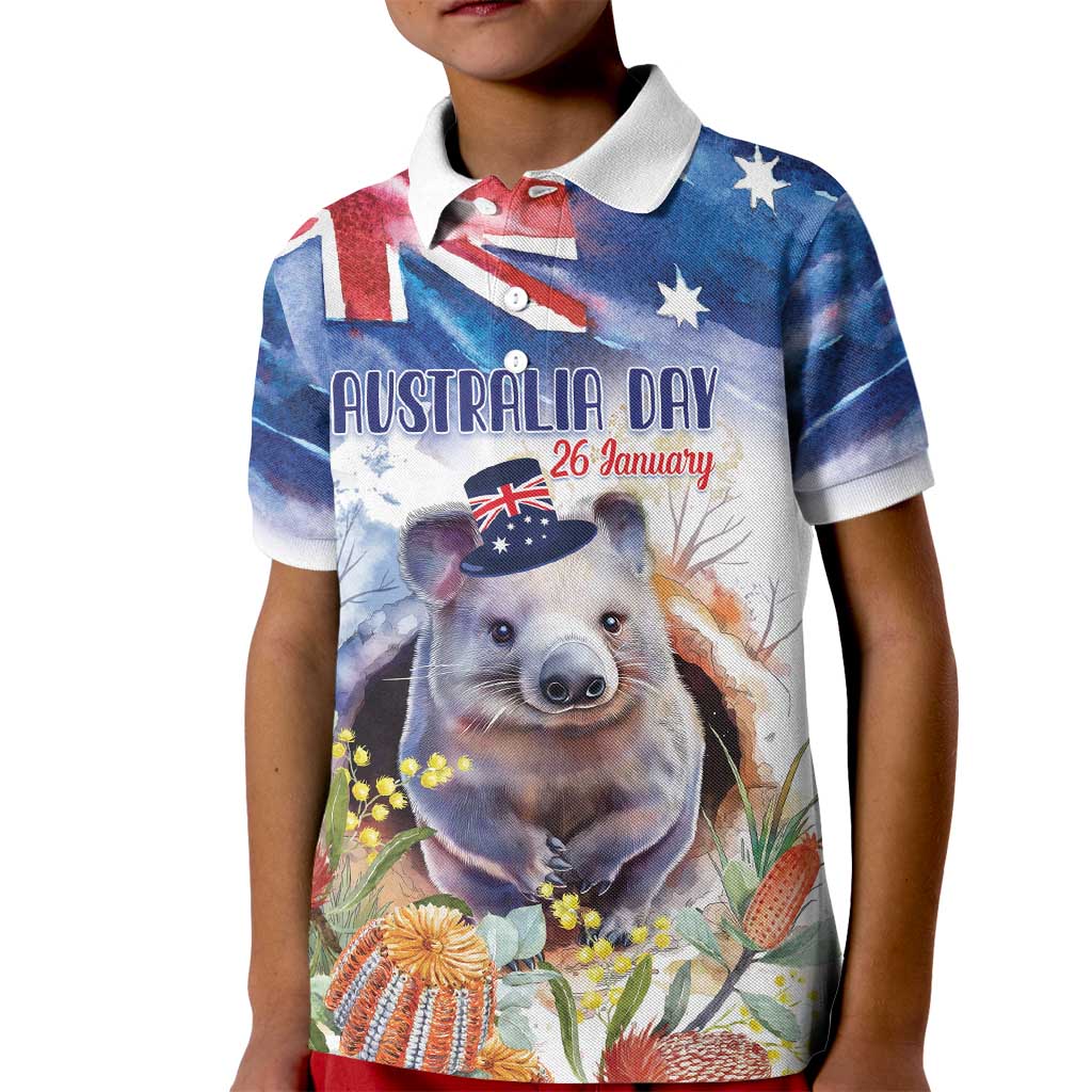 Wombat Australia Day Kid Polo Shirt Happy 26 January - Banksia Watercolor