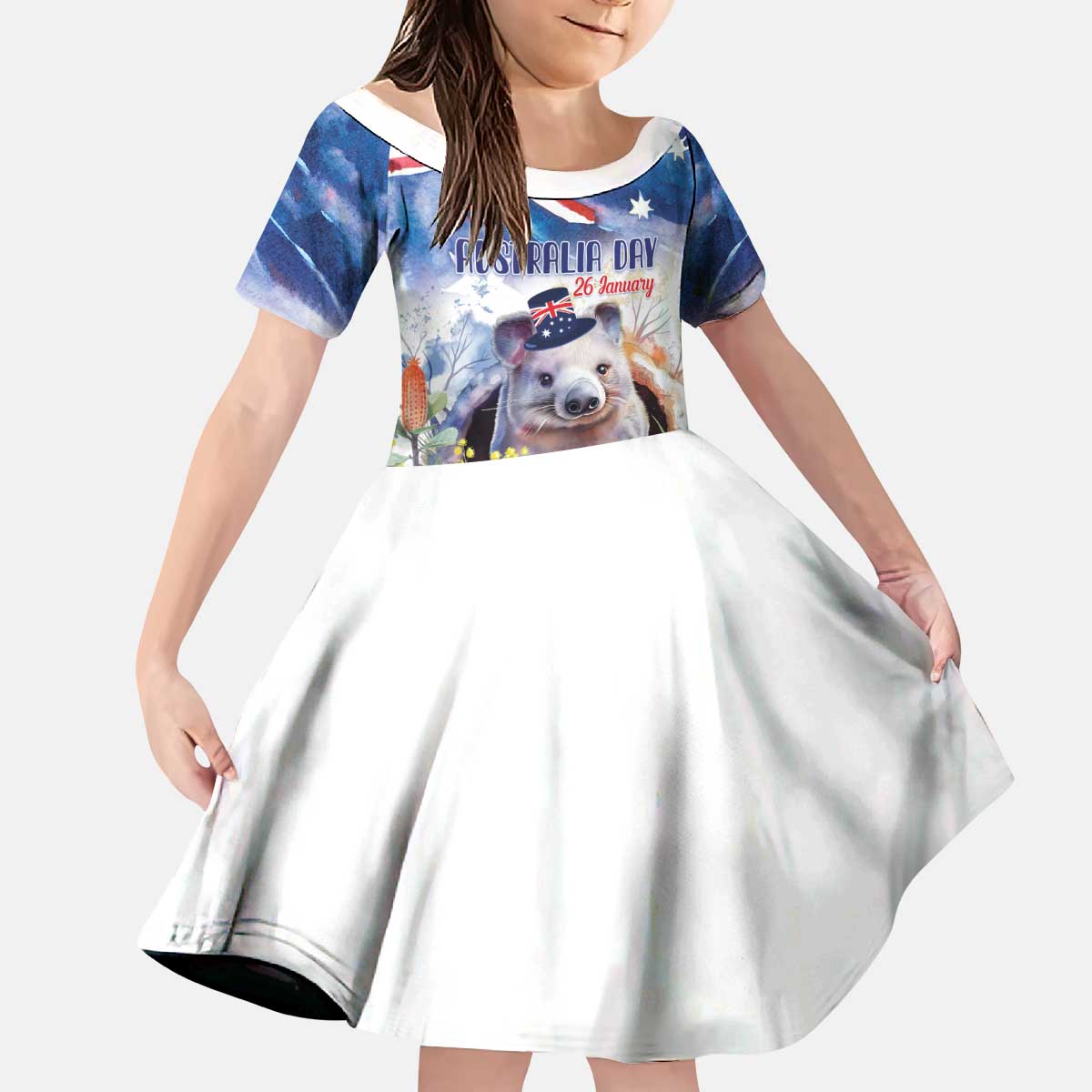 Wombat Australia Day Kid Short Sleeve Dress Happy 26 January - Banksia Watercolor